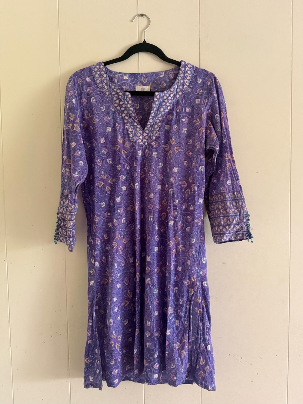 Purple Printed V-Neck Embroidered Tunic Top